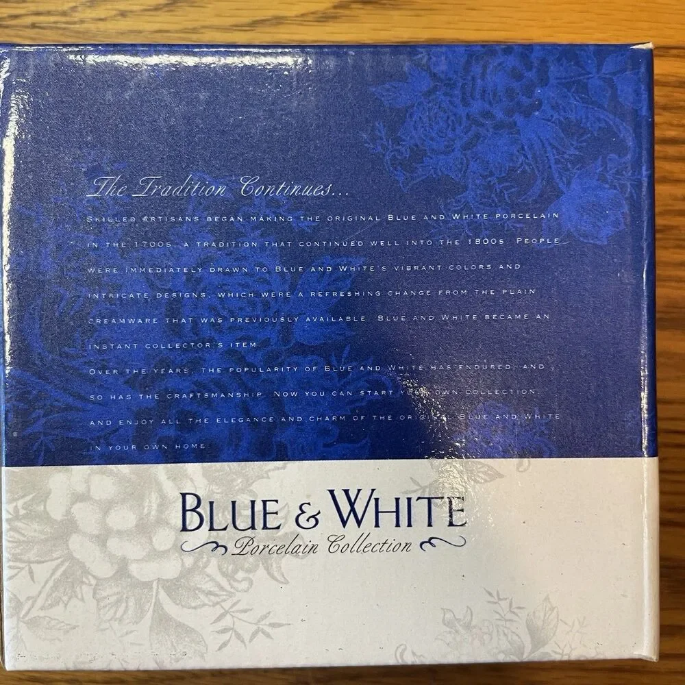 Cracker Barrel Blue & White Porcelain Teacup & Saucer Set Floral New In Box